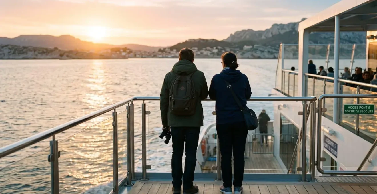 Deux voyageurs vus de dos sur le pont d'un ferry moderne contemplent la mer Méditerranée au lever du soleil, ambiance matinale calme et lumière dorée naturelle
