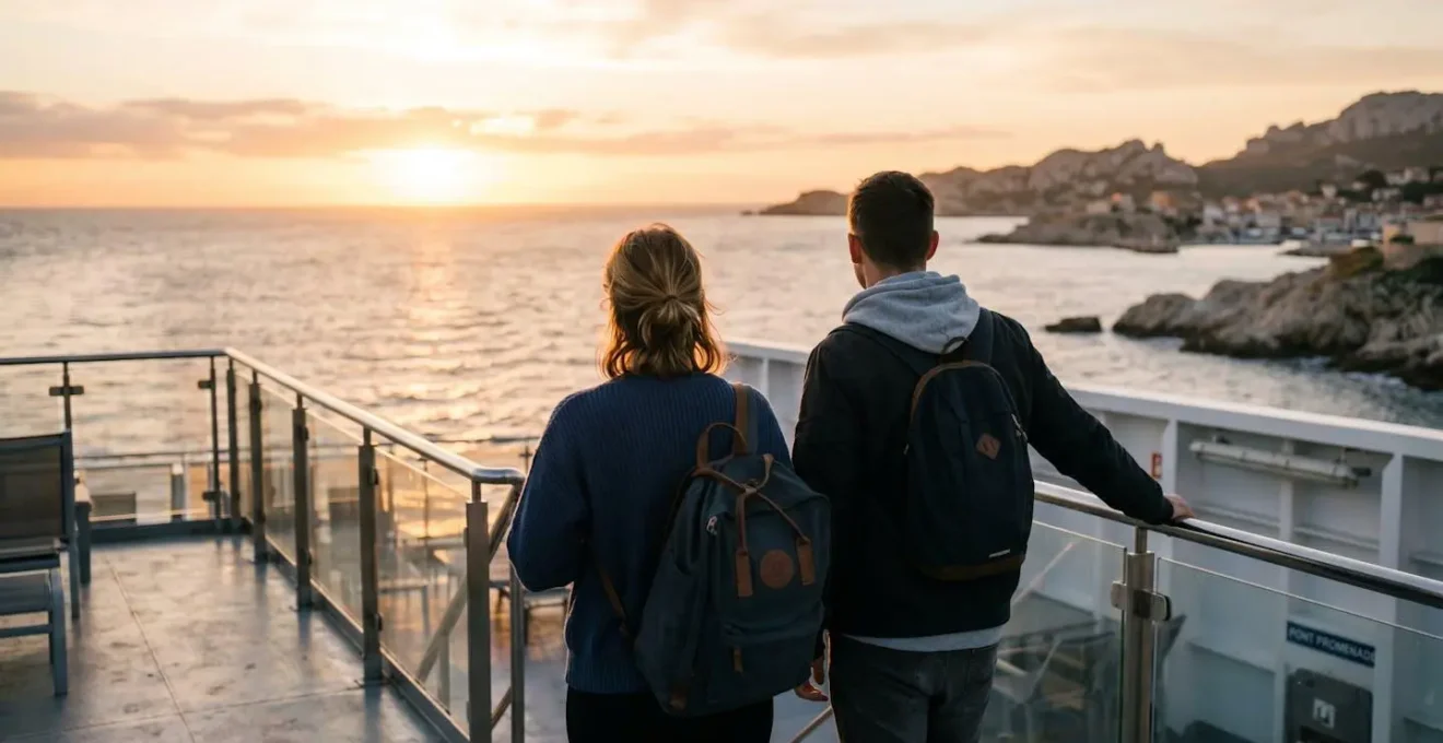 Deux voyageurs vus de dos sur le pont d'un ferry moderne contemplent la mer Méditerranée au lever du soleil, ambiance matinale calme et lumière dorée naturelle