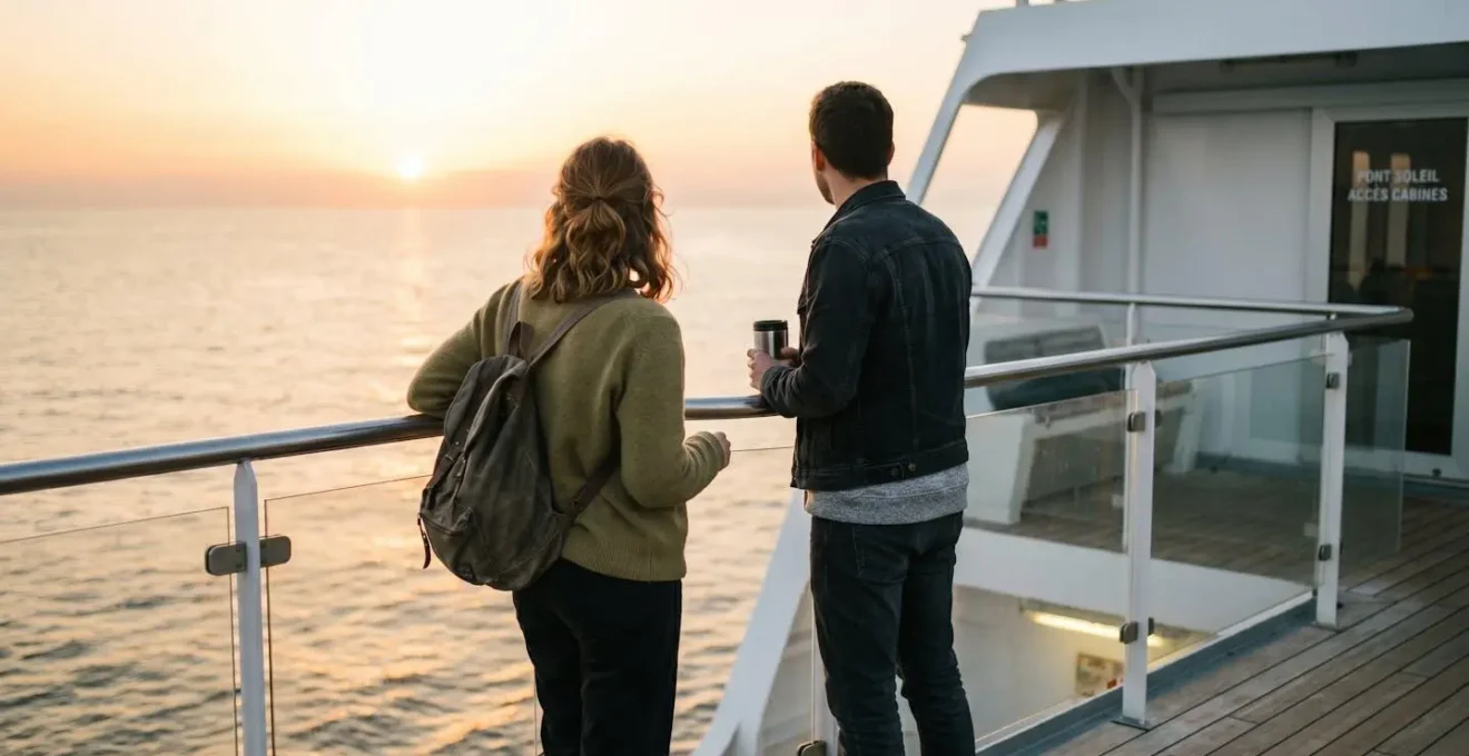 Deux voyageurs vus de dos sur le pont d'un ferry moderne contemplent la mer Méditerranée au lever du soleil, ambiance matinale calme et lumière dorée naturelle