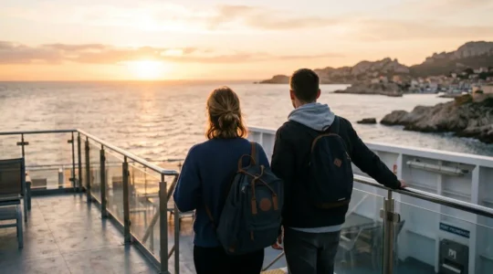 Deux voyageurs vus de dos sur le pont d'un ferry moderne contemplent la mer Méditerranée au lever du soleil, ambiance matinale calme et lumière dorée naturelle