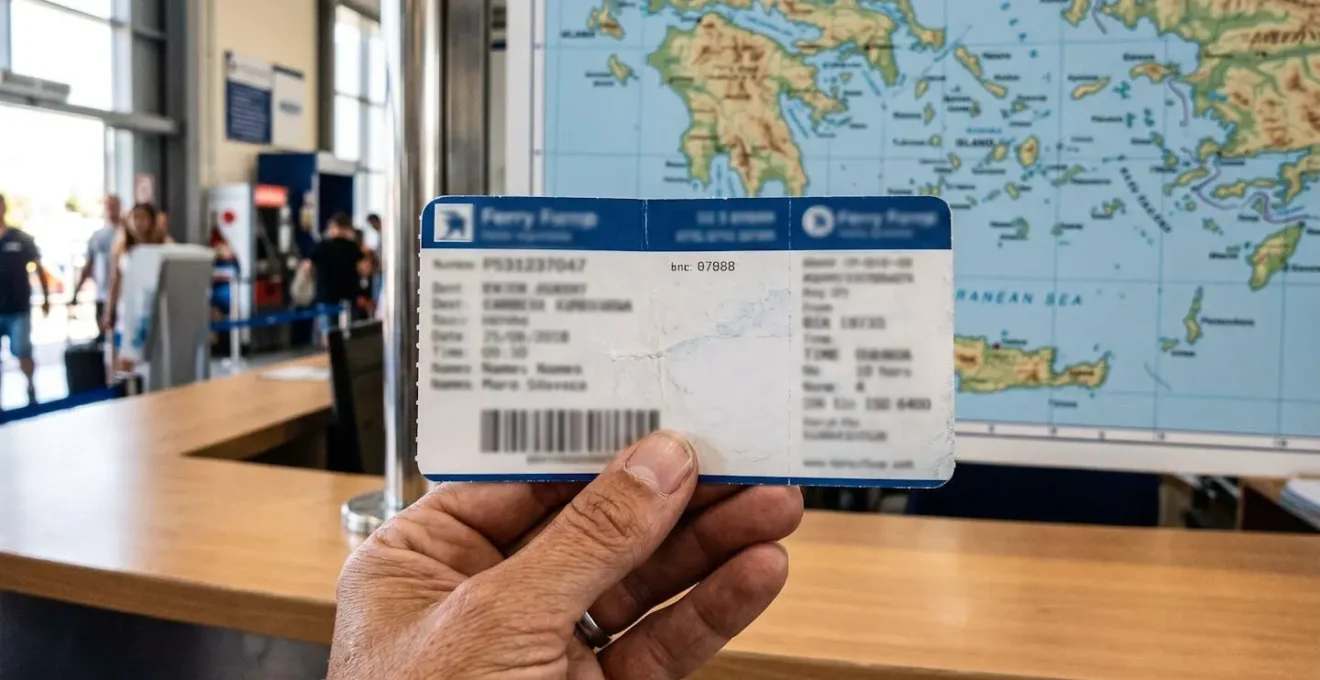Gros plan d'une main tenant un billet de ferry avec texte flouté, carte géographique de la Méditerranée floue en arrière-plan, surface de bureau moderne propre