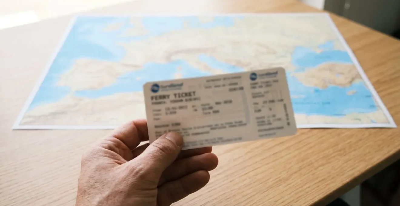Gros plan d'une main tenant un billet de ferry avec texte flouté, carte géographique de la Méditerranée floue en arrière-plan, surface de bureau moderne propre