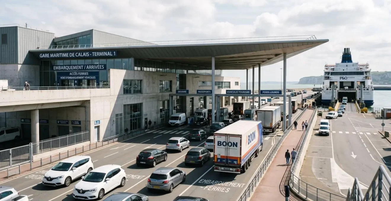 Vue extérieure d'un terminal de ferry français moderne avec architecture contemporaine, zone d'embarquement pour véhicules visible, ciel dégagé et lumière naturelle