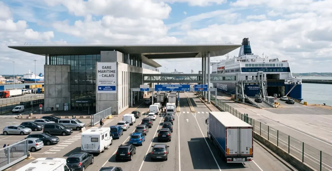 Vue extérieure d'un terminal de ferry français moderne avec architecture contemporaine, zone d'embarquement pour véhicules visible, ciel dégagé et lumière naturelle