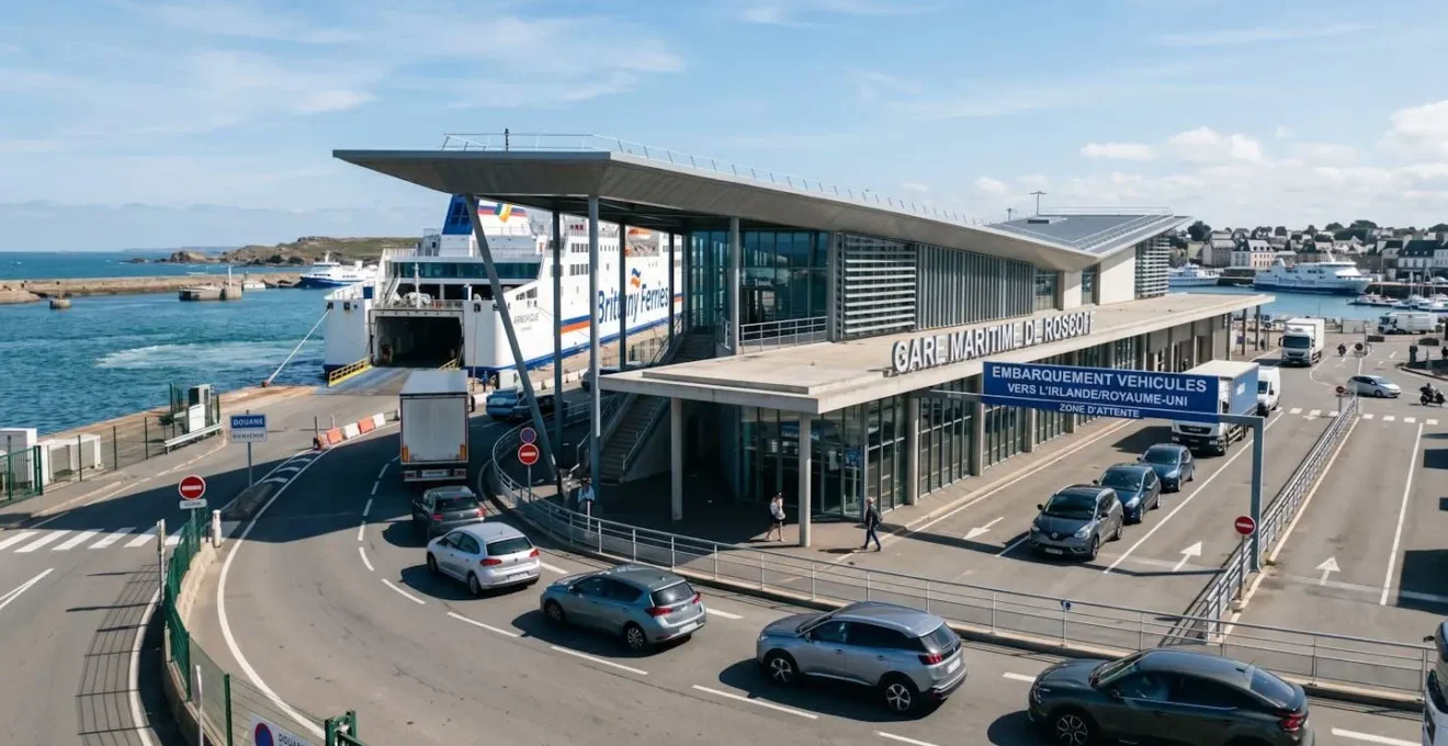 Vue extérieure d'un terminal de ferry français moderne avec architecture contemporaine, zone d'embarquement pour véhicules visible, ciel dégagé et lumière naturelle