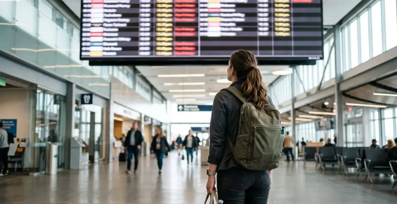 Voyageur vu de dos observant un panneau d'affichage d'horaires de ferry flouté dans un terminal moderne, posture de réflexion, environnement intérieur lumineux