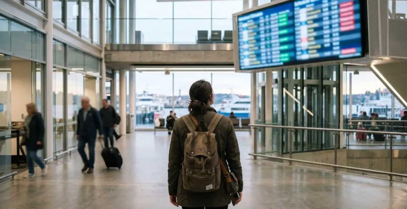 Voyageur vu de dos observant un panneau d'affichage d'horaires de ferry flouté dans un terminal moderne, posture de réflexion, environnement intérieur lumineux