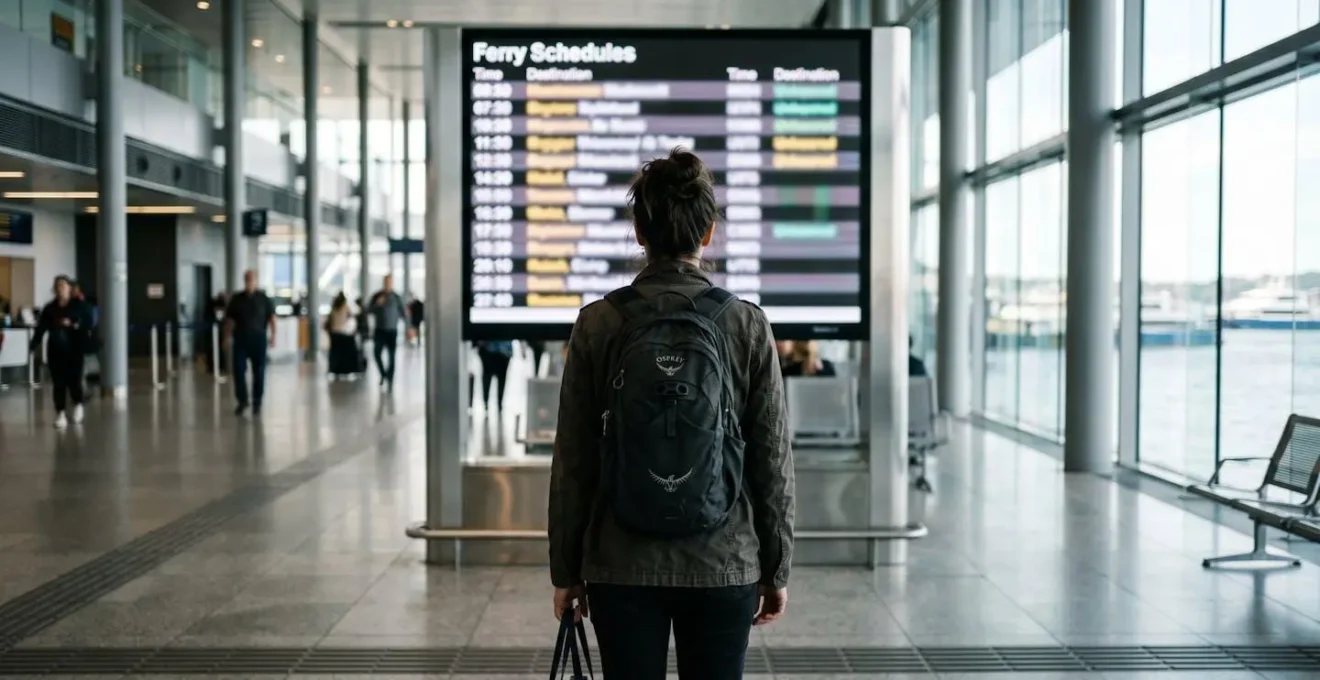 Voyageur vu de dos observant un panneau d'affichage d'horaires de ferry flouté dans un terminal moderne, posture de réflexion, environnement intérieur lumineux