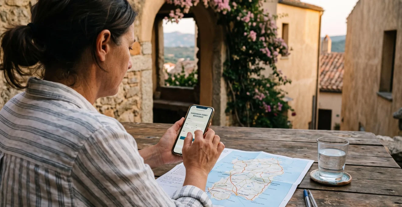Une personne réserve une traversée sur son téléphone depuis la terrasse d'une maison d'hôtes.
