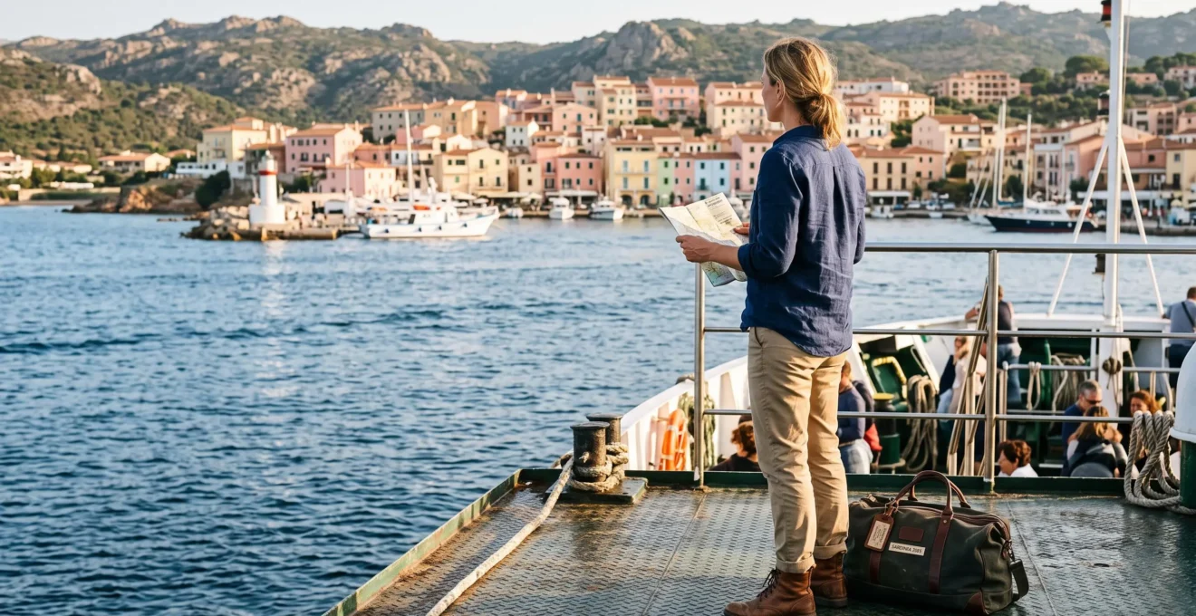 Un voyageur sur le pont d'un ferry arrive dans un port sarde au petit matin.